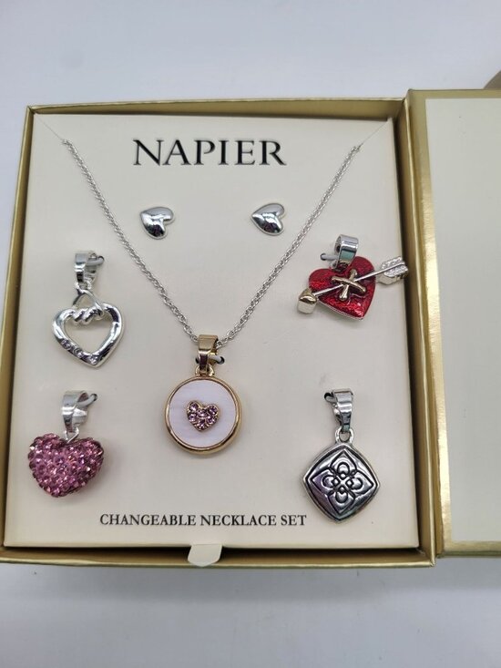 Napier Jewelry - Napier 5 Charm Pendant Necklace Earrings Set Hearts Silver Tone Valentine Love